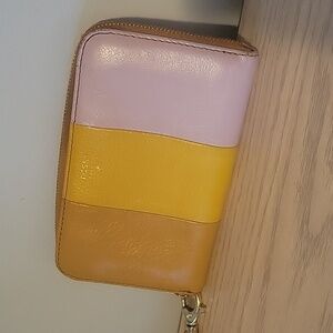 Fossil Zipper Wristlet Wallet in Mauve Yellow and Tan